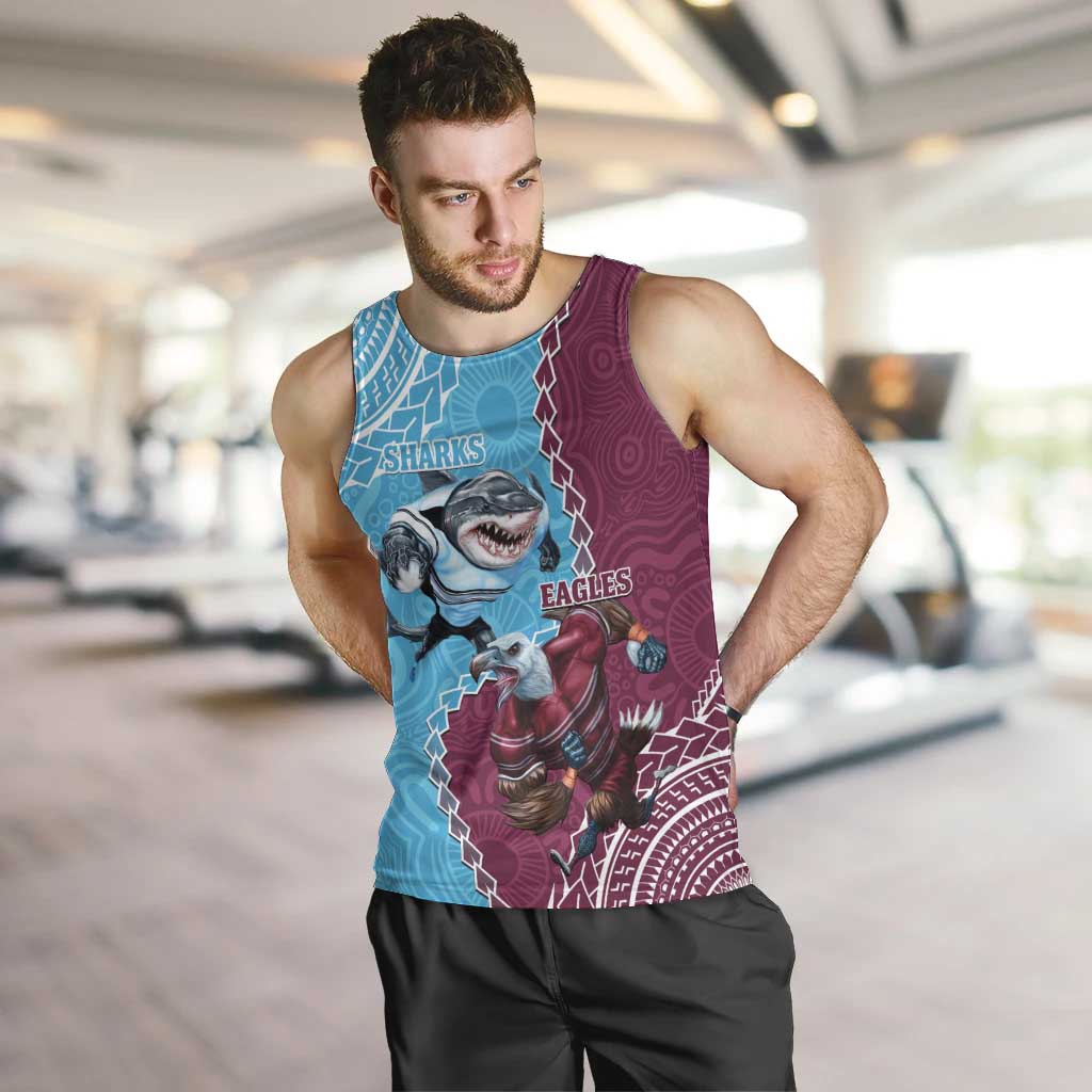 Personalised Eagles And Sharks Rugby Men Tank Top Aboriginal Mix Polynesian Pattern - Vibe Hoodie Shop