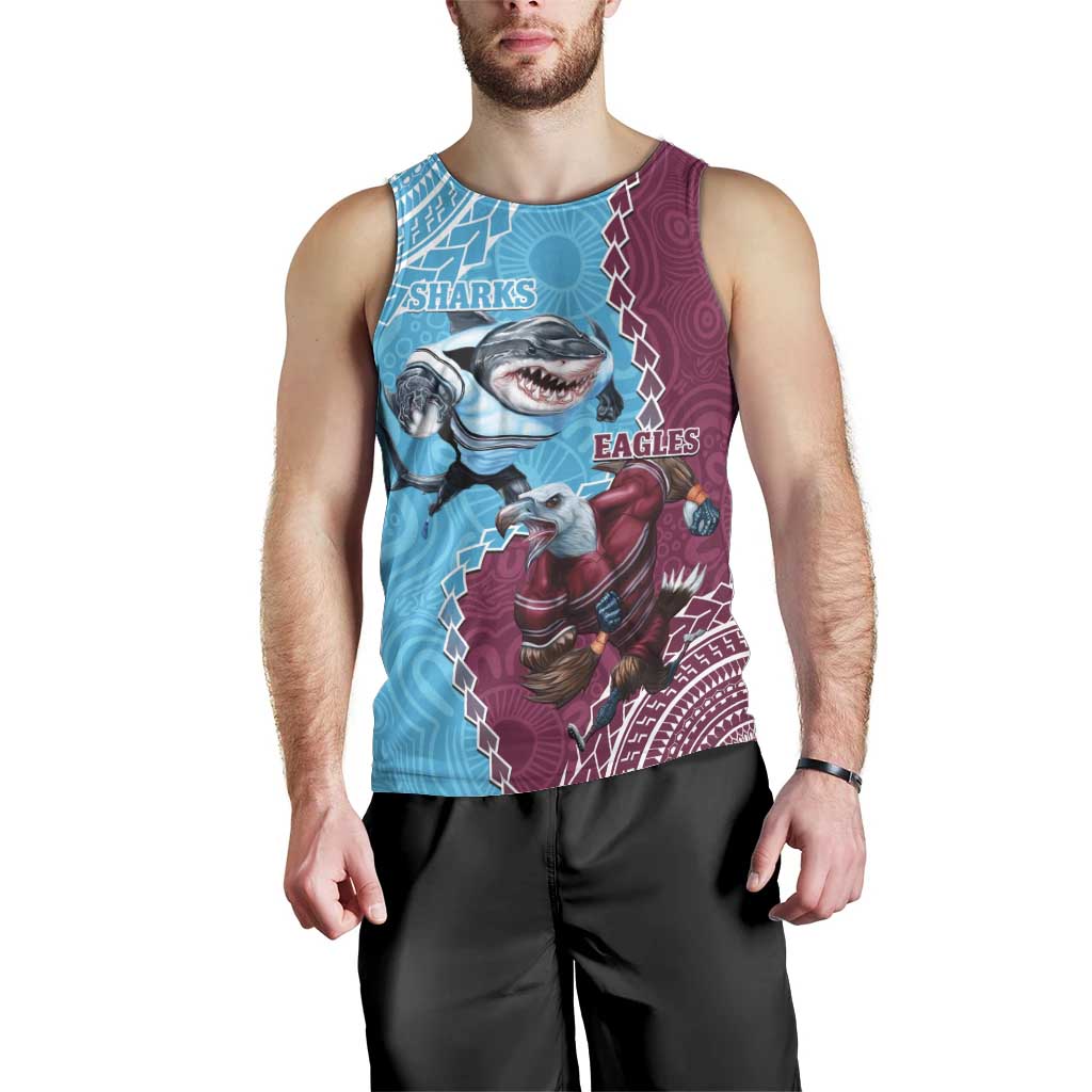Personalised Eagles And Sharks Rugby Men Tank Top Aboriginal Mix Polynesian Pattern - Vibe Hoodie Shop