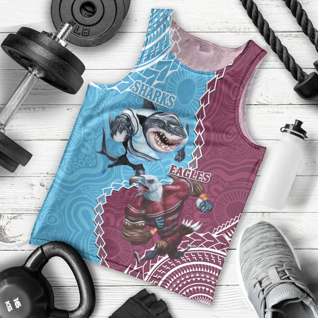 Personalised Eagles And Sharks Rugby Men Tank Top Aboriginal Mix Polynesian Pattern - Vibe Hoodie Shop