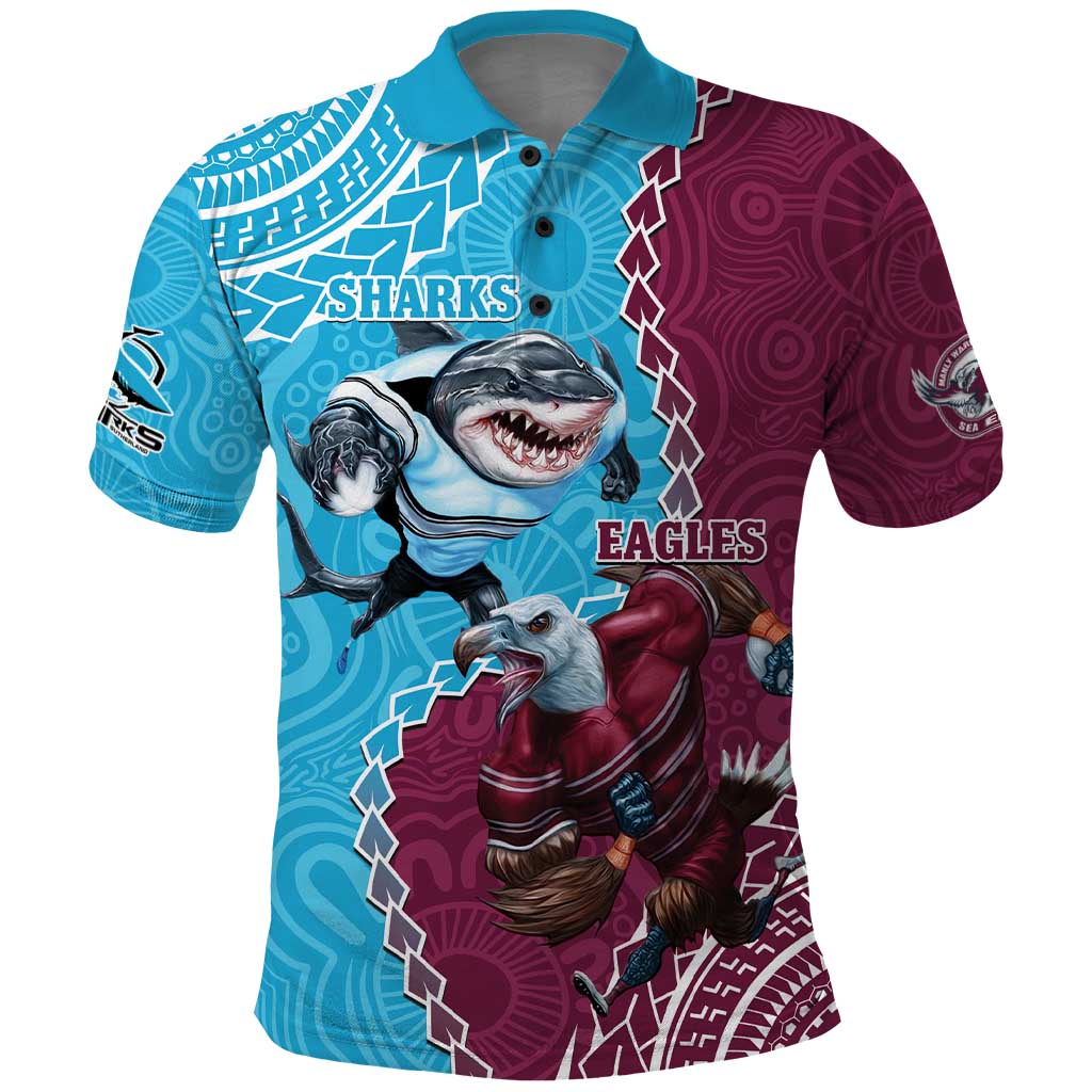 Personalised Eagles And Sharks Rugby Polo Shirt Aboriginal Mix Polynesian Pattern - Vibe Hoodie Shop
