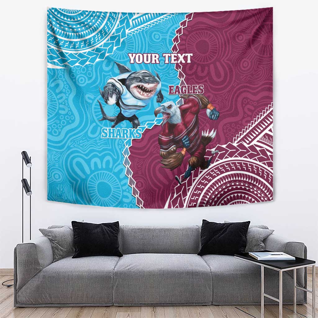 Personalised Eagles And Sharks Rugby Tapestry Aboriginal Mix Polynesian Pattern - Vibe Hoodie Shop