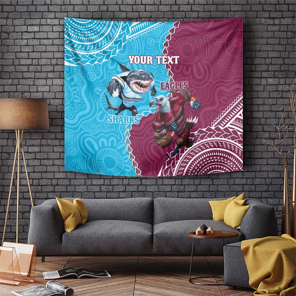 Personalised Eagles And Sharks Rugby Tapestry Aboriginal Mix Polynesian Pattern - Vibe Hoodie Shop