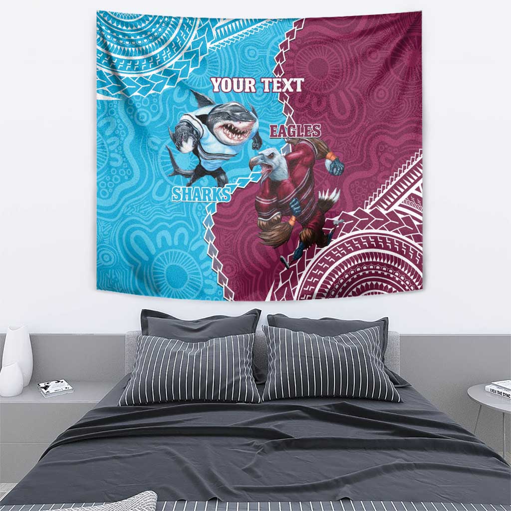 Personalised Eagles And Sharks Rugby Tapestry Aboriginal Mix Polynesian Pattern - Vibe Hoodie Shop