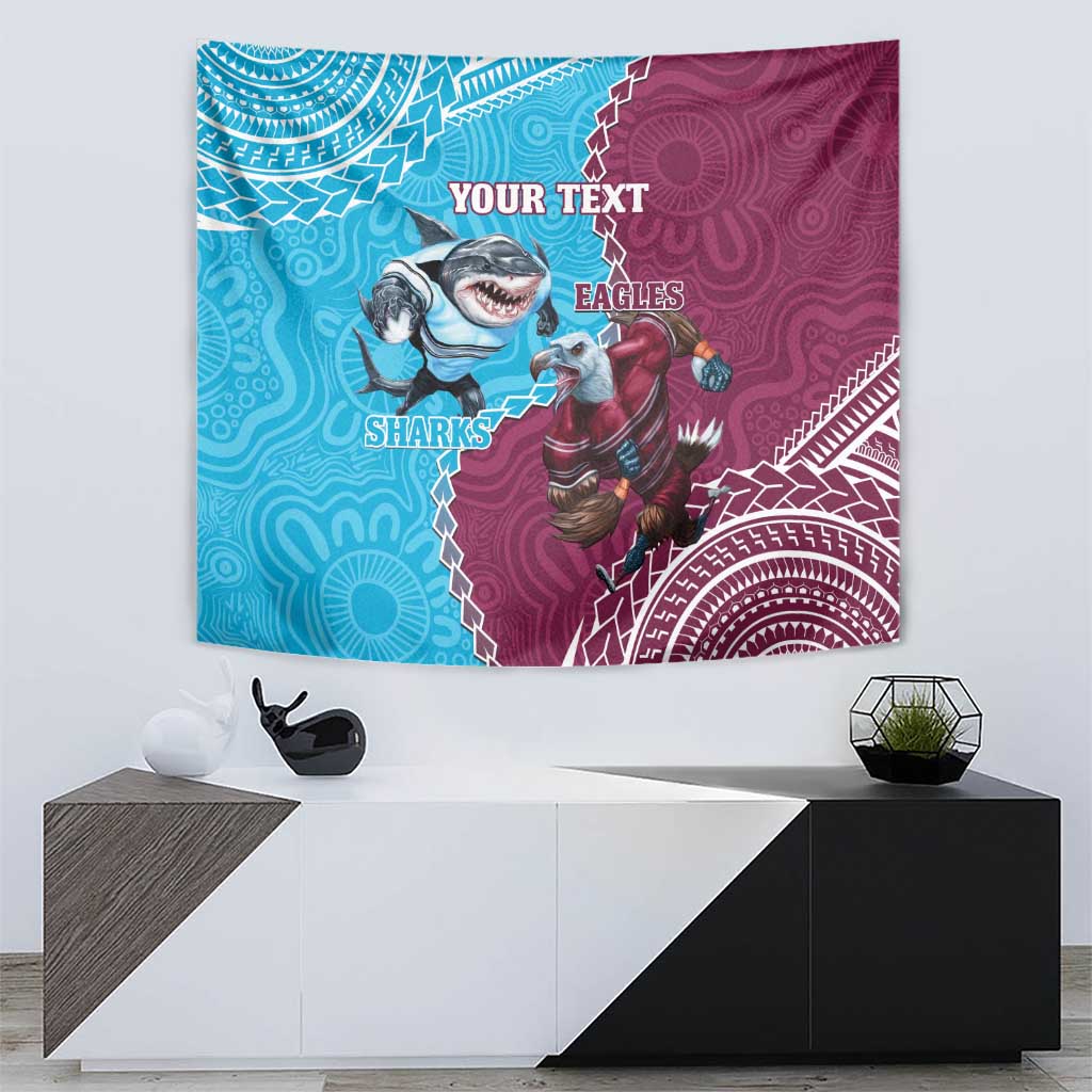 Personalised Eagles And Sharks Rugby Tapestry Aboriginal Mix Polynesian Pattern - Vibe Hoodie Shop