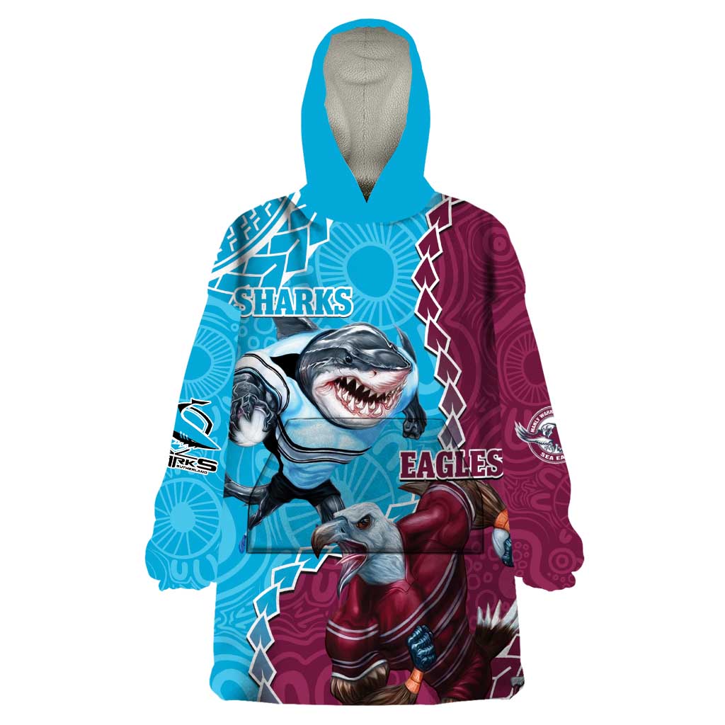 Personalised Eagles And Sharks Rugby Wearable Blanket Hoodie Aboriginal Mix Polynesian Pattern - Vibe Hoodie Shop