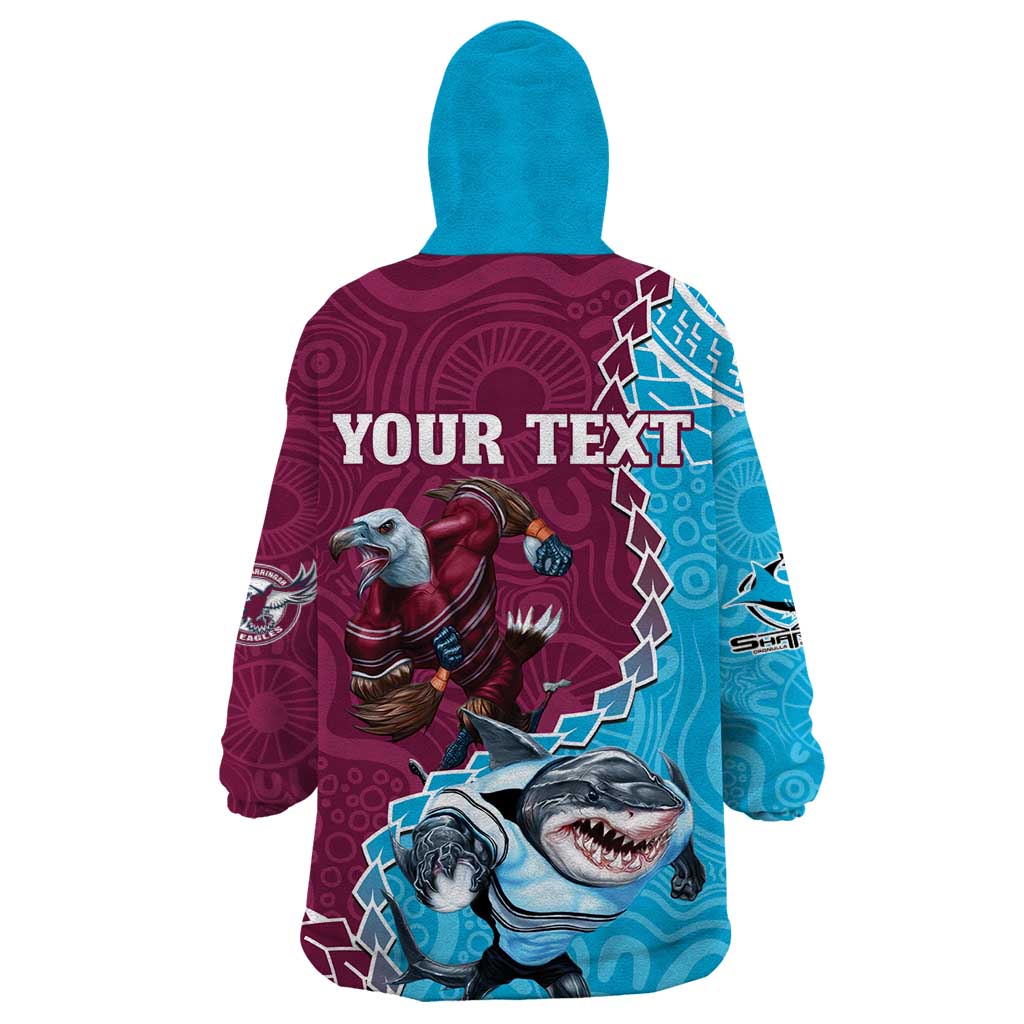 Personalised Eagles And Sharks Rugby Wearable Blanket Hoodie Aboriginal Mix Polynesian Pattern - Vibe Hoodie Shop