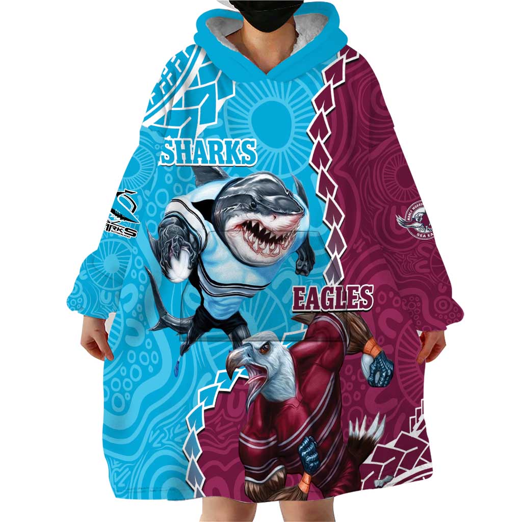 Personalised Eagles And Sharks Rugby Wearable Blanket Hoodie Aboriginal Mix Polynesian Pattern - Vibe Hoodie Shop