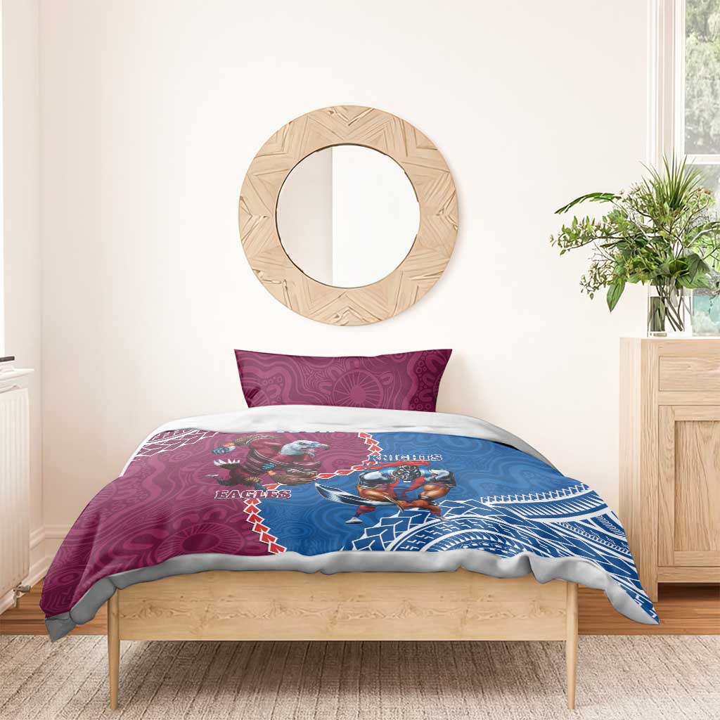 Personalised Eagles And Knights Rugby Bedding Set Aboriginal Mix Polynesian Pattern - Vibe Hoodie Shop