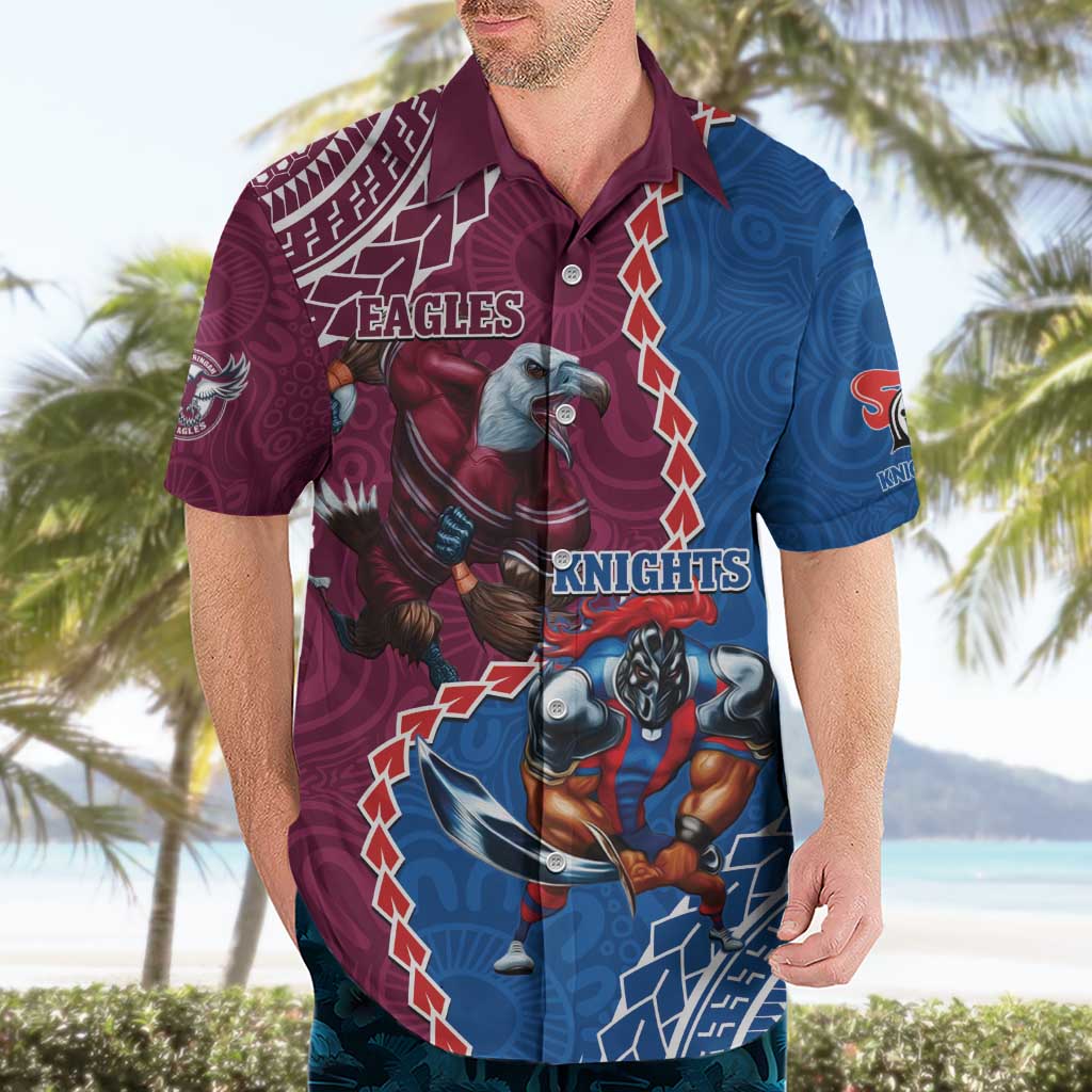 Personalised Eagles And Knights Rugby Hawaiian Shirt Aboriginal Mix Polynesian Pattern - Vibe Hoodie Shop