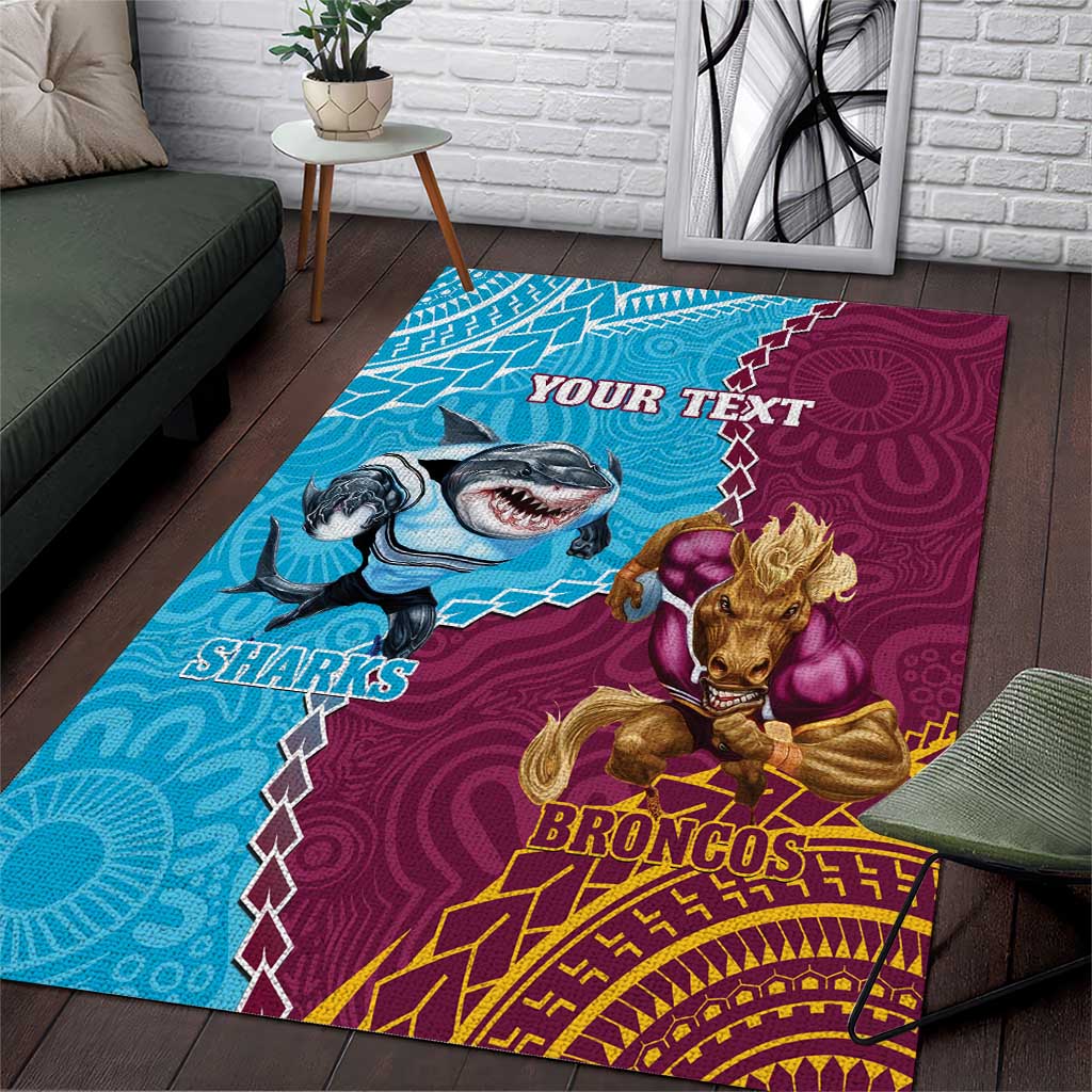 Personalised Sharks And Broncos Rugby Area Rug Aboriginal Mix Polynesian Pattern - Vibe Hoodie Shop