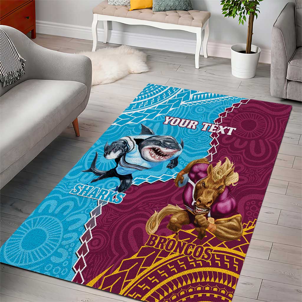 Personalised Sharks And Broncos Rugby Area Rug Aboriginal Mix Polynesian Pattern - Vibe Hoodie Shop