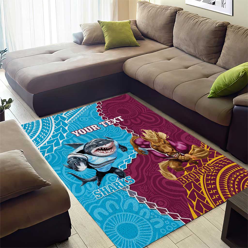 Personalised Sharks And Broncos Rugby Area Rug Aboriginal Mix Polynesian Pattern - Vibe Hoodie Shop