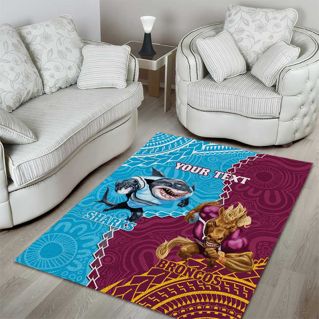 Personalised Sharks And Broncos Rugby Area Rug Aboriginal Mix Polynesian Pattern - Vibe Hoodie Shop