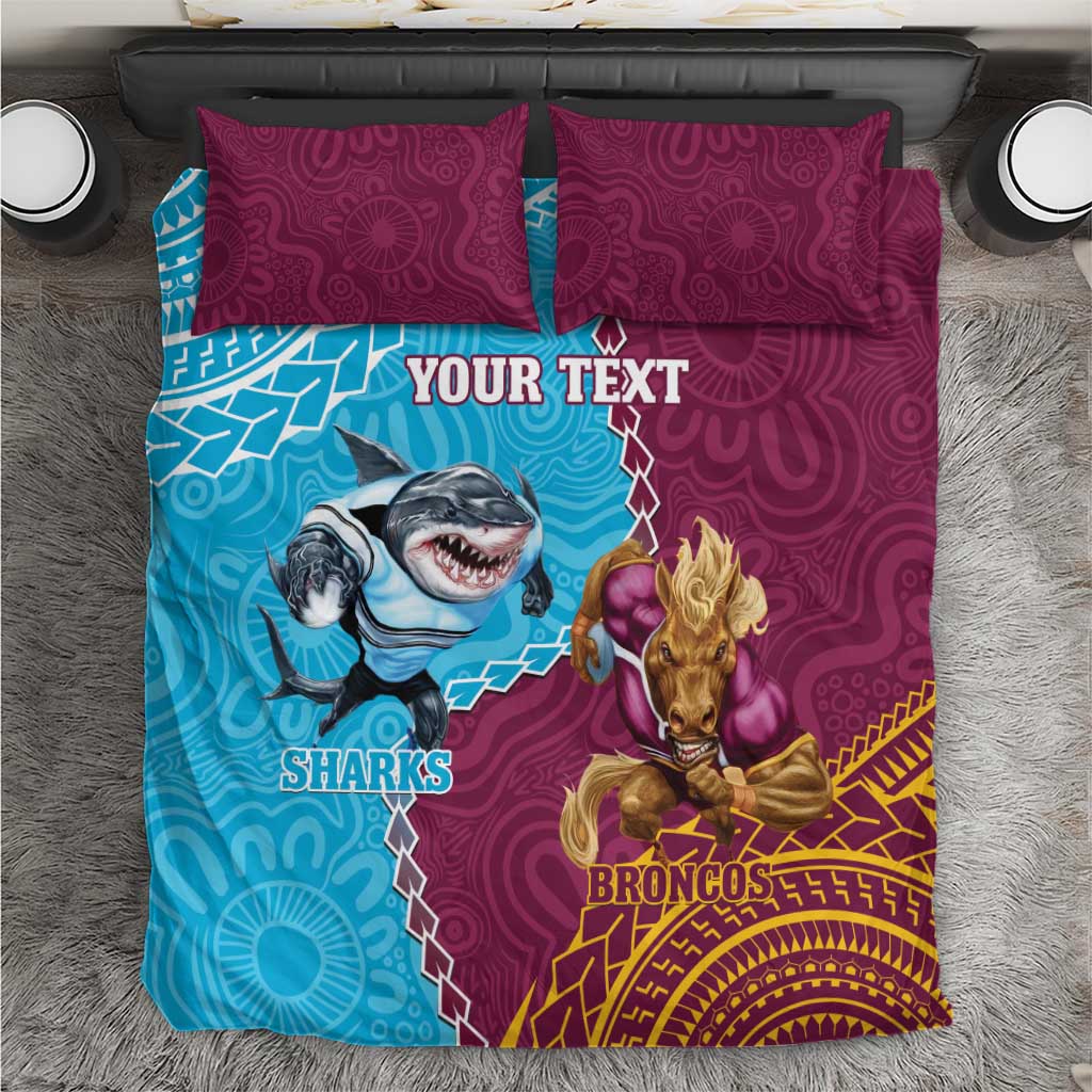 Personalised Sharks And Broncos Rugby Bedding Set Aboriginal Mix Polynesian Pattern - Vibe Hoodie Shop