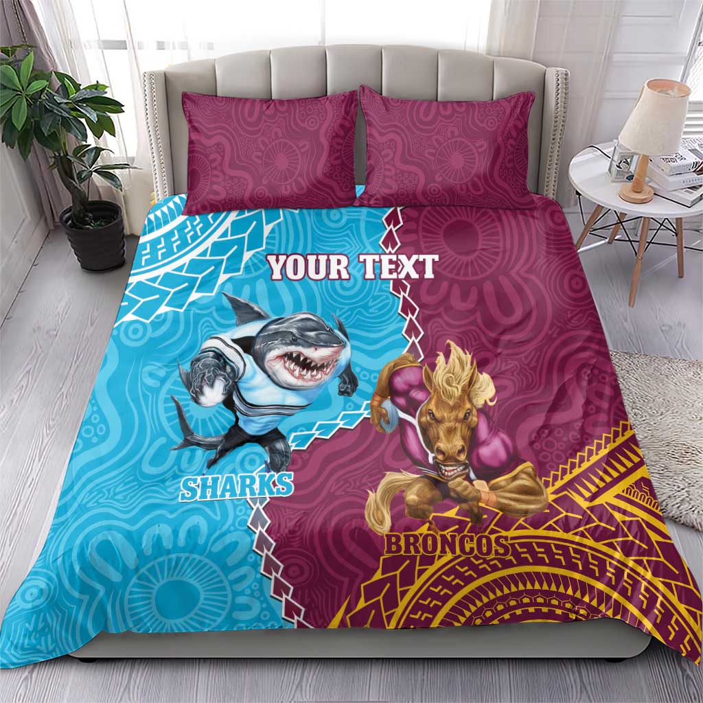 Personalised Sharks And Broncos Rugby Bedding Set Aboriginal Mix Polynesian Pattern - Vibe Hoodie Shop