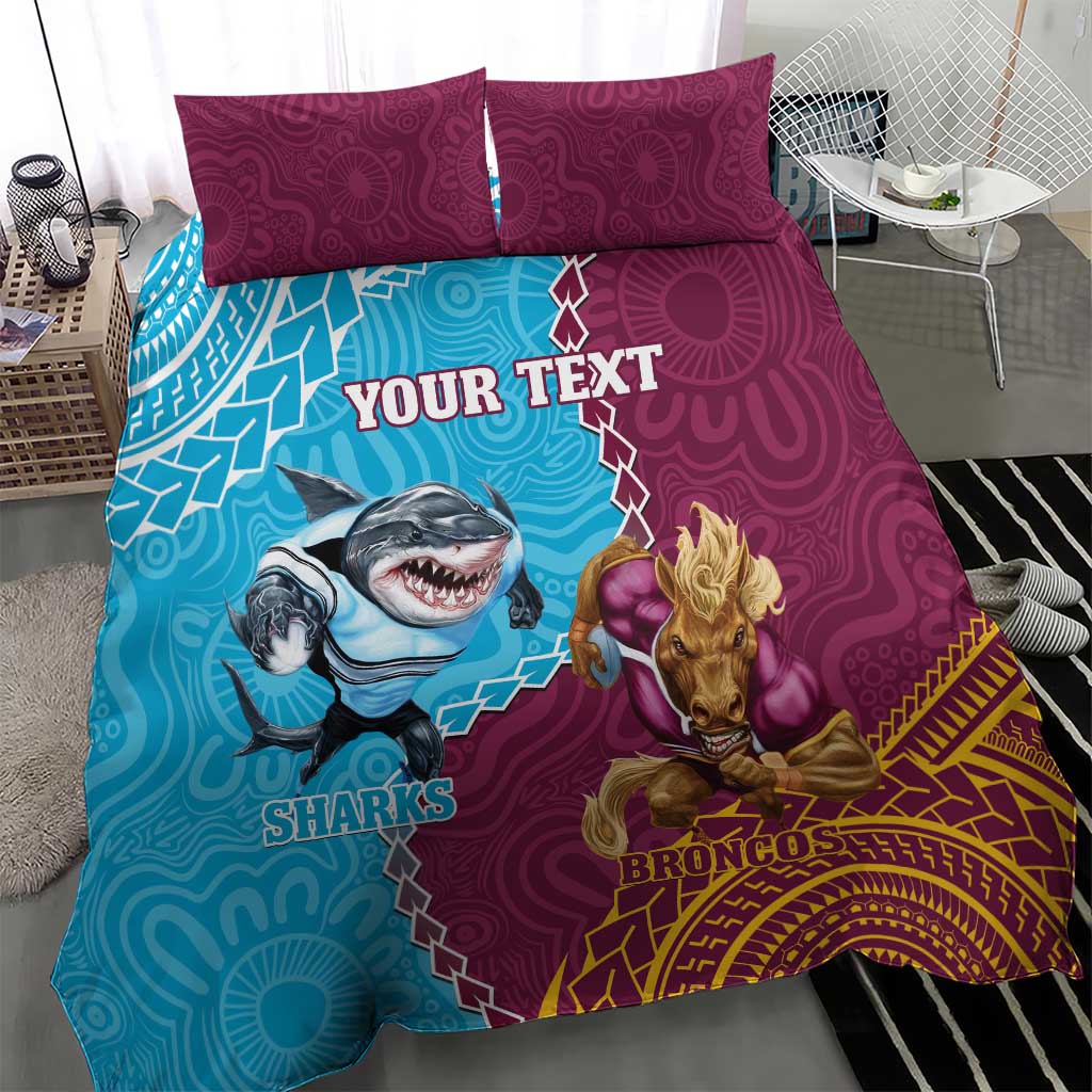 Personalised Sharks And Broncos Rugby Bedding Set Aboriginal Mix Polynesian Pattern - Vibe Hoodie Shop
