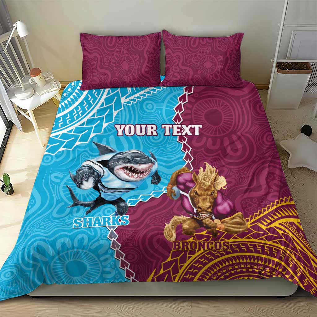 Personalised Sharks And Broncos Rugby Bedding Set Aboriginal Mix Polynesian Pattern - Vibe Hoodie Shop