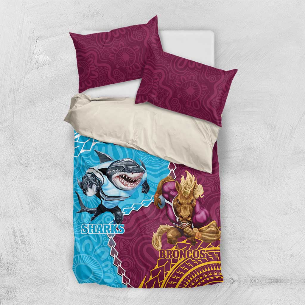 Personalised Sharks And Broncos Rugby Bedding Set Aboriginal Mix Polynesian Pattern - Vibe Hoodie Shop