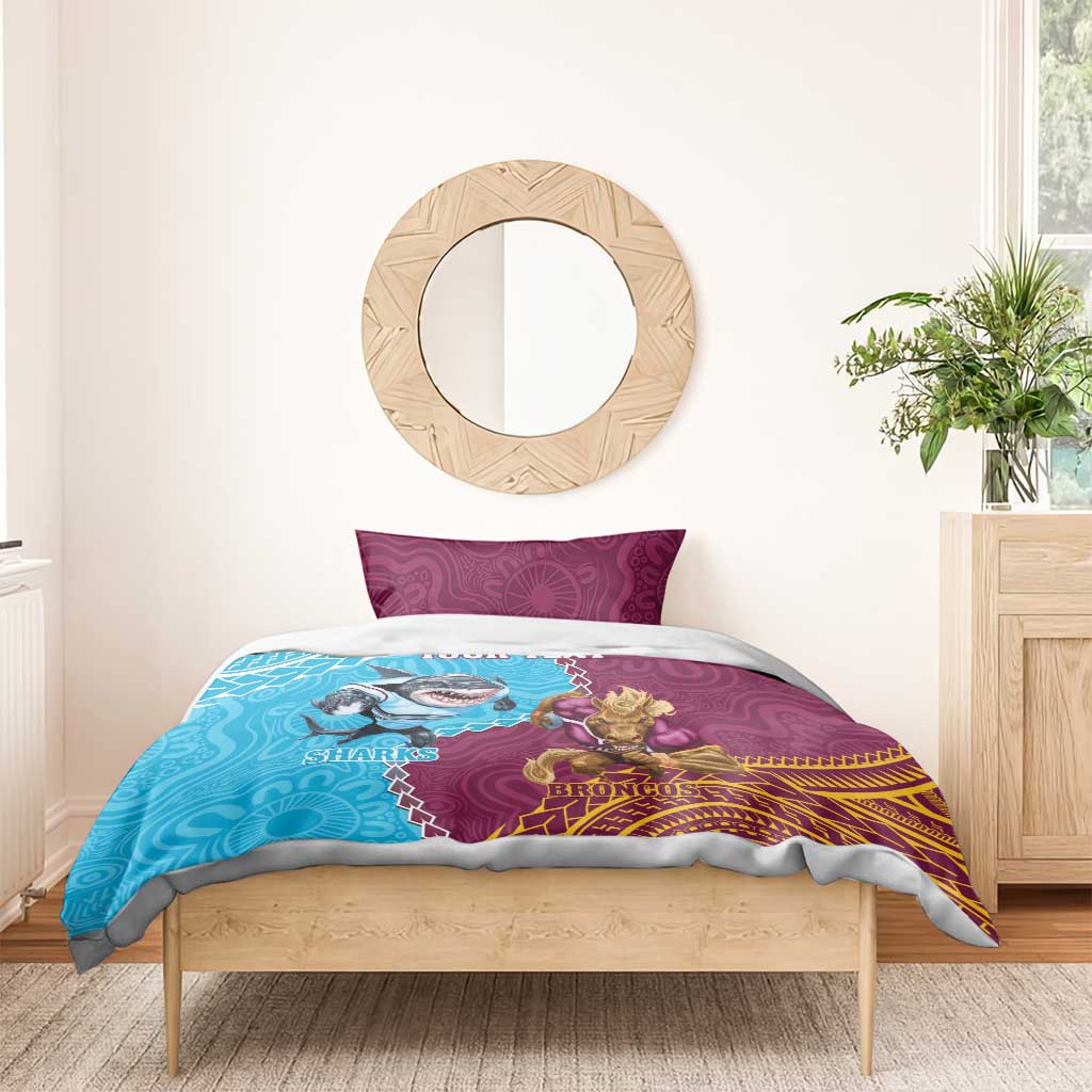 Personalised Sharks And Broncos Rugby Bedding Set Aboriginal Mix Polynesian Pattern - Vibe Hoodie Shop