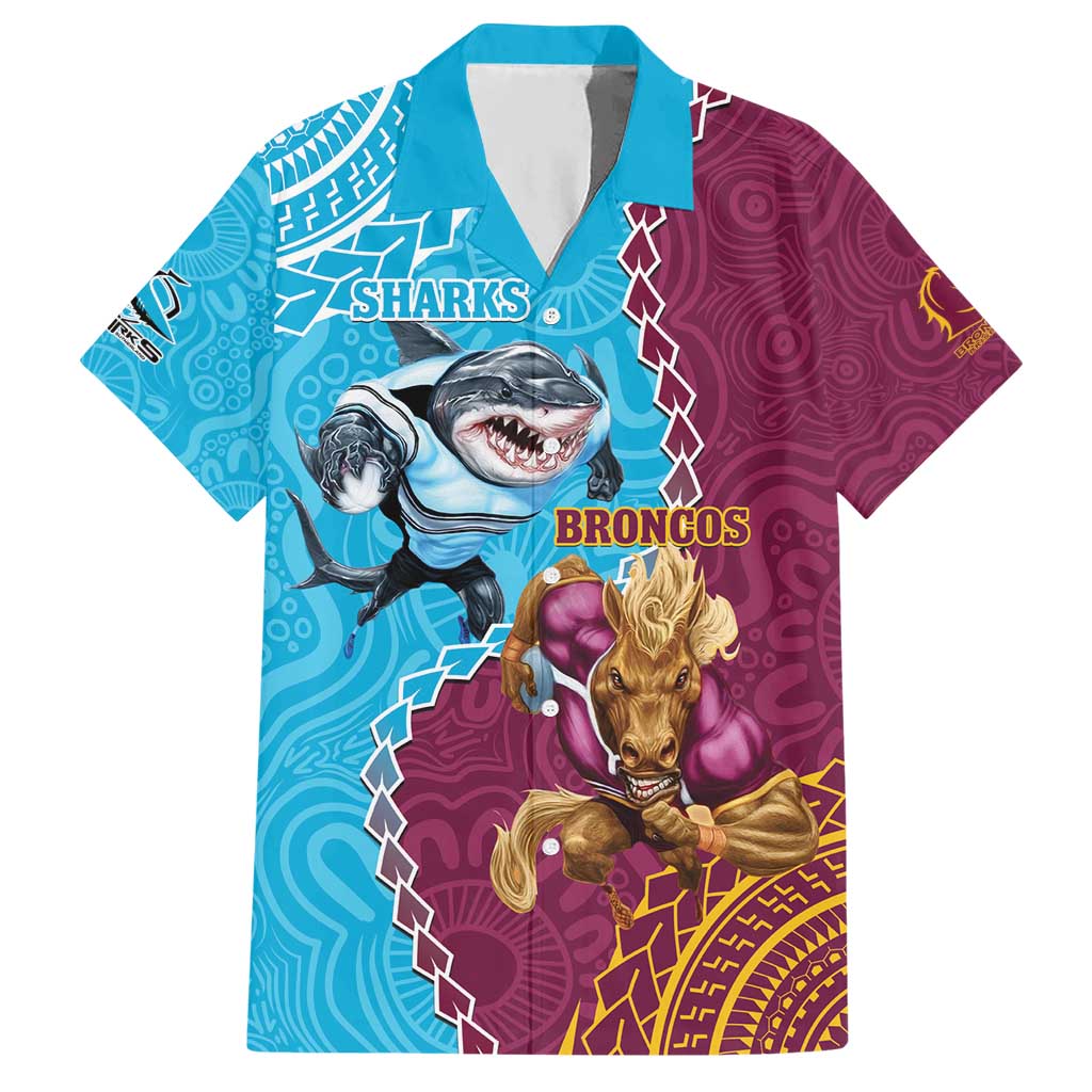 Personalised Sharks And Broncos Rugby Hawaiian Shirt Aboriginal Mix Polynesian Pattern - Vibe Hoodie Shop