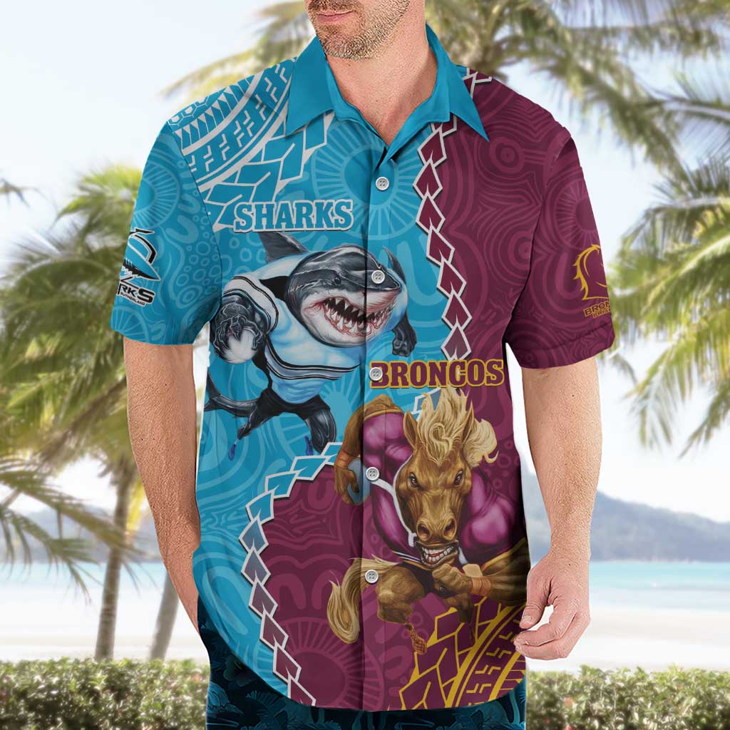 Personalised Sharks And Broncos Rugby Hawaiian Shirt Aboriginal Mix Polynesian Pattern - Vibe Hoodie Shop