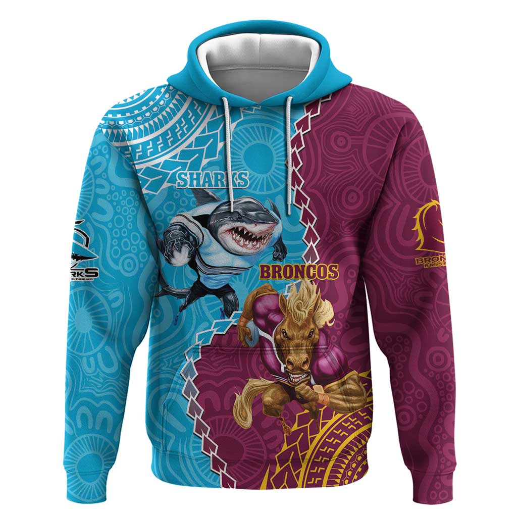 Personalised Sharks And Broncos Rugby Hoodie Aboriginal Mix Polynesian Pattern - Vibe Hoodie Shop