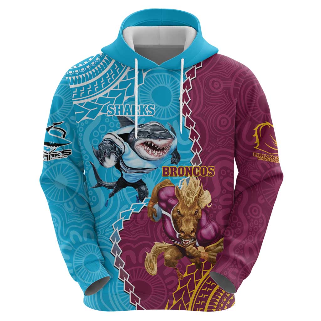 Personalised Sharks And Broncos Rugby Hoodie Aboriginal Mix Polynesian Pattern - Vibe Hoodie Shop