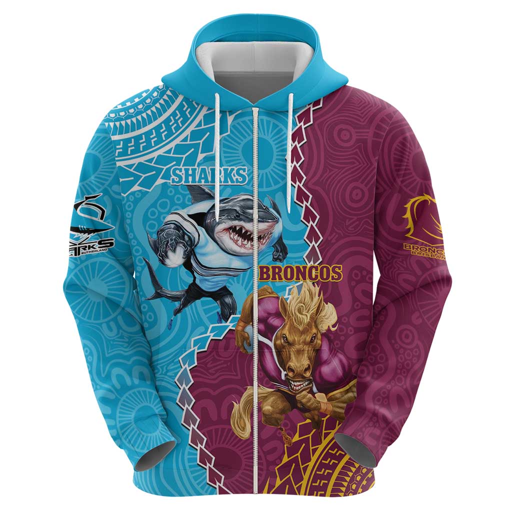 Personalised Sharks And Broncos Rugby Hoodie Aboriginal Mix Polynesian Pattern - Vibe Hoodie Shop