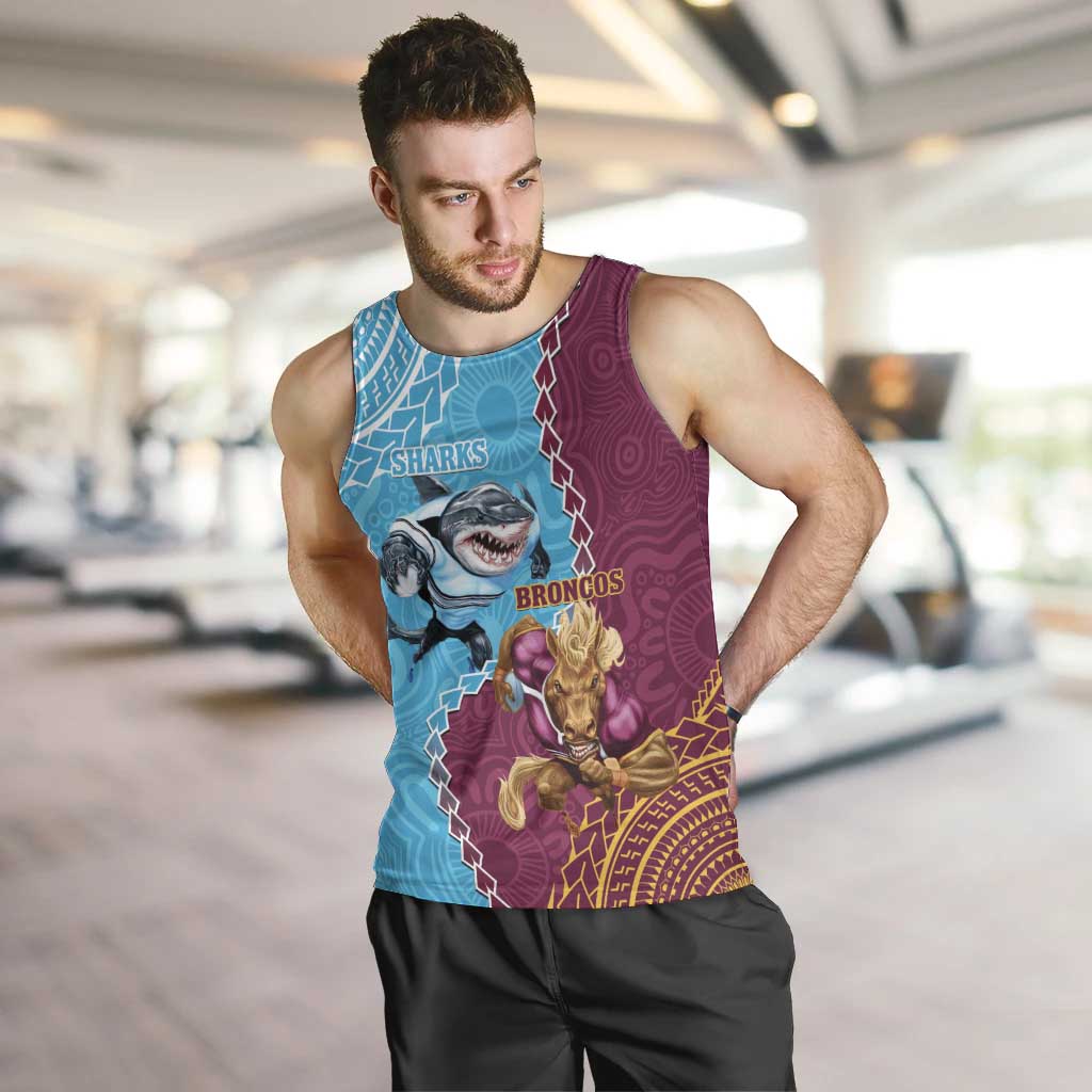Personalised Sharks And Broncos Rugby Men Tank Top Aboriginal Mix Polynesian Pattern - Vibe Hoodie Shop