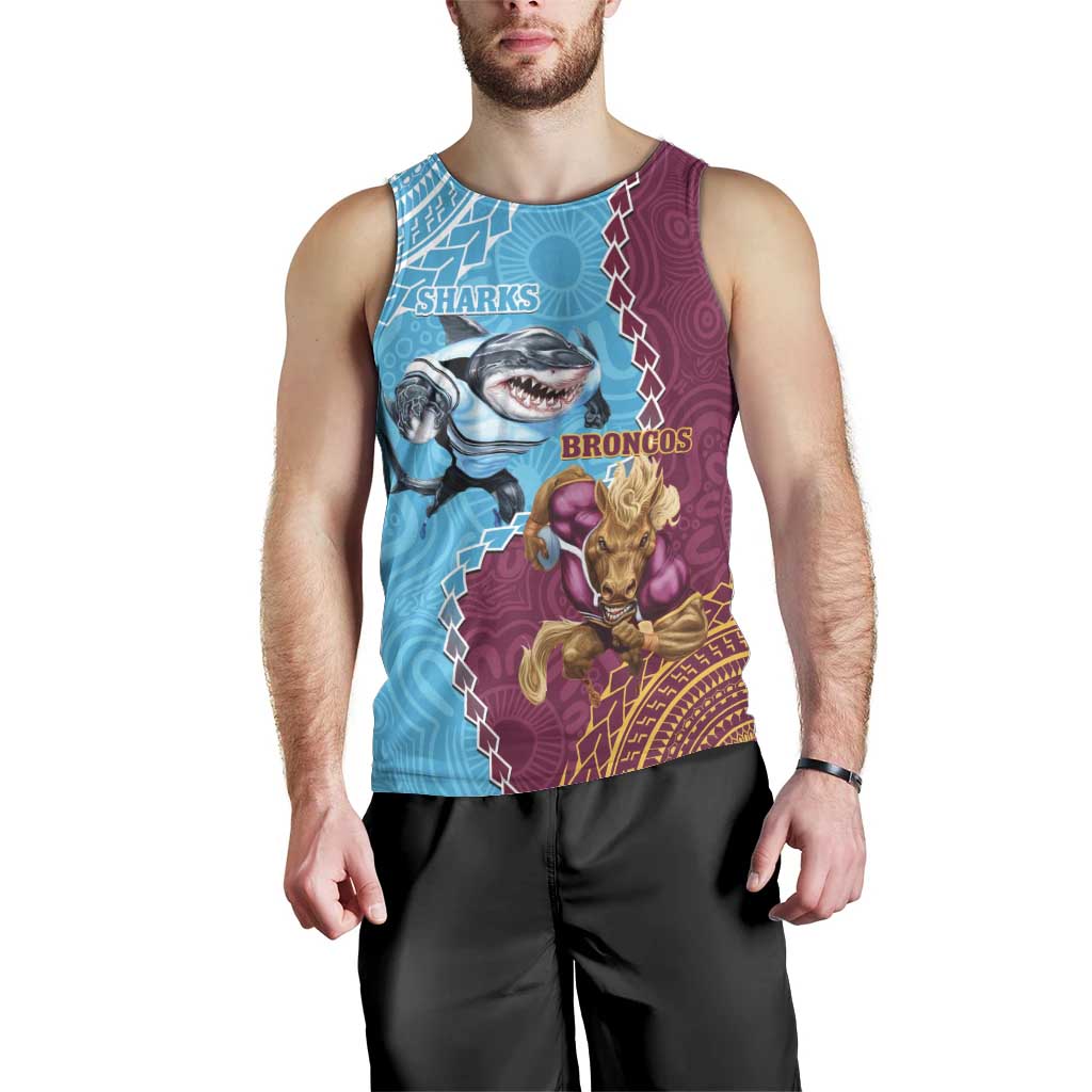 Personalised Sharks And Broncos Rugby Men Tank Top Aboriginal Mix Polynesian Pattern - Vibe Hoodie Shop