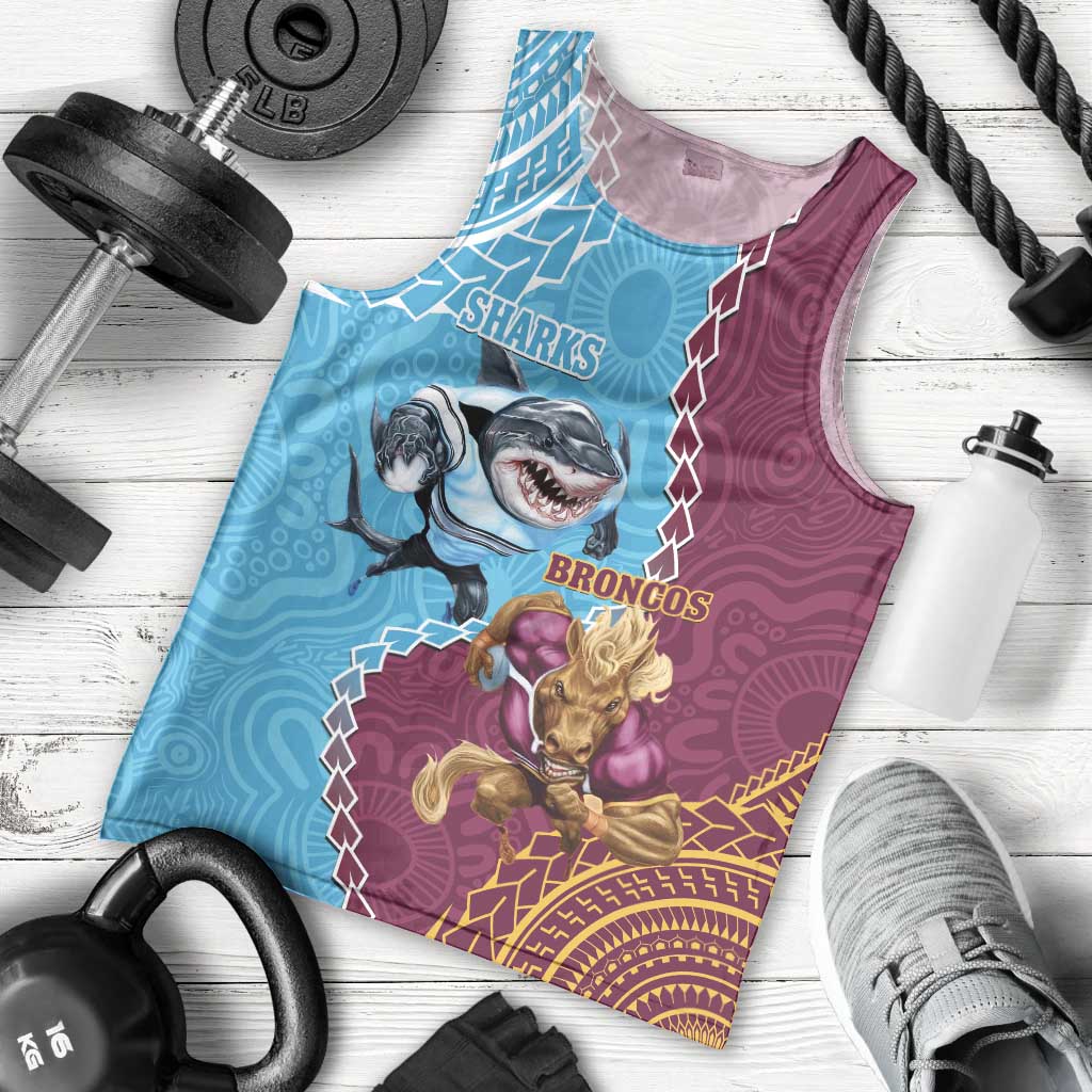 Personalised Sharks And Broncos Rugby Men Tank Top Aboriginal Mix Polynesian Pattern - Vibe Hoodie Shop