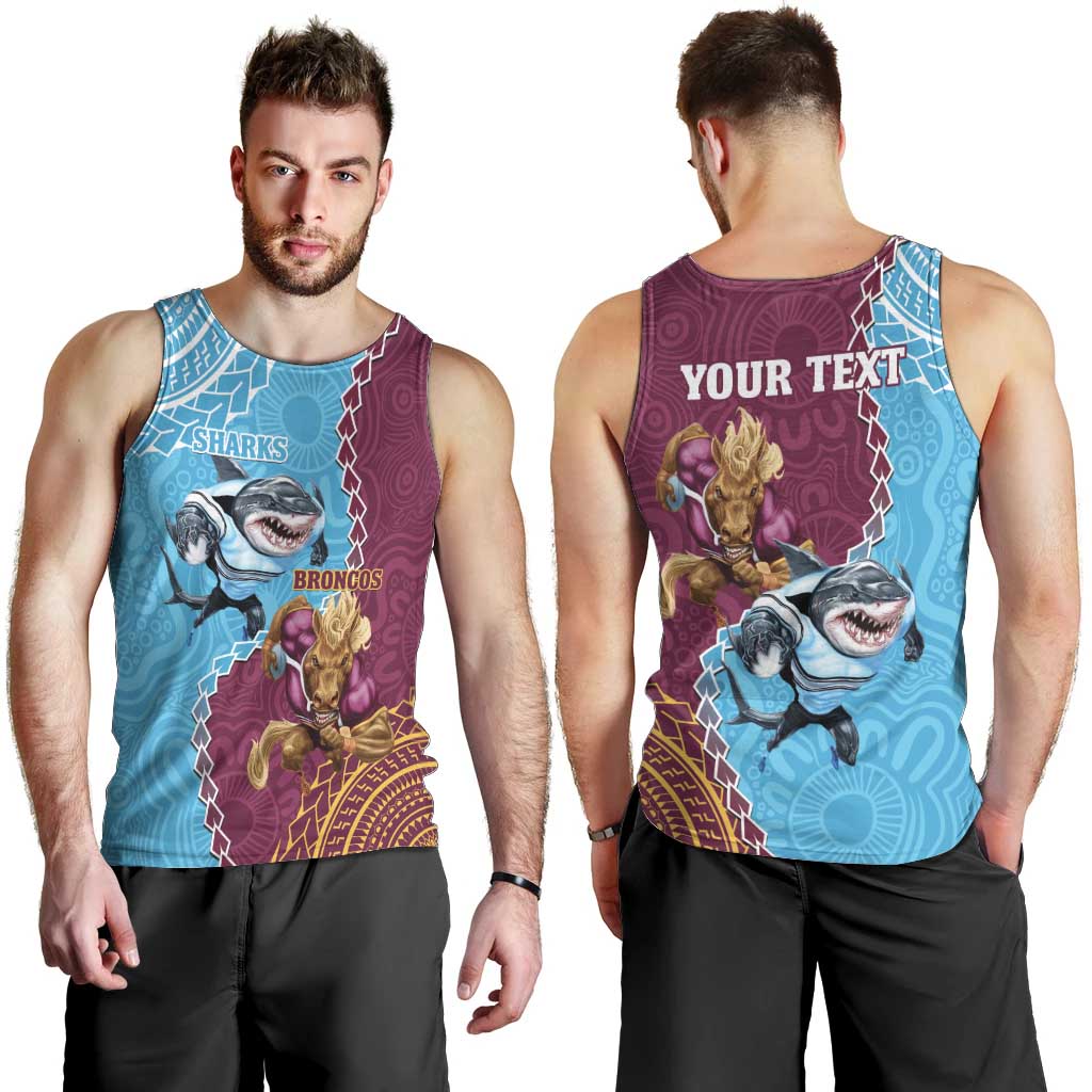 Personalised Sharks And Broncos Rugby Men Tank Top Aboriginal Mix Polynesian Pattern - Vibe Hoodie Shop