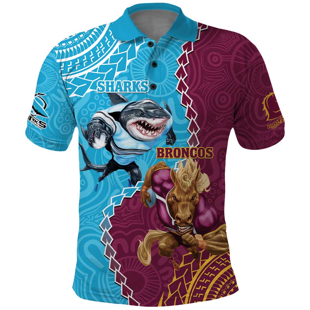 Personalised Sharks And Broncos Rugby Polo Shirt Aboriginal Mix Polynesian Pattern - Vibe Hoodie Shop