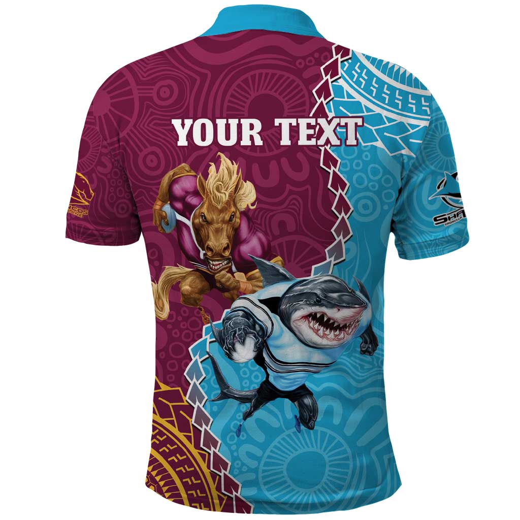 Personalised Sharks And Broncos Rugby Polo Shirt Aboriginal Mix Polynesian Pattern - Vibe Hoodie Shop