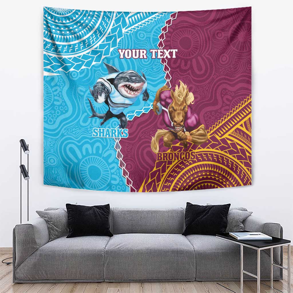 Personalised Sharks And Broncos Rugby Tapestry Aboriginal Mix Polynesian Pattern - Vibe Hoodie Shop