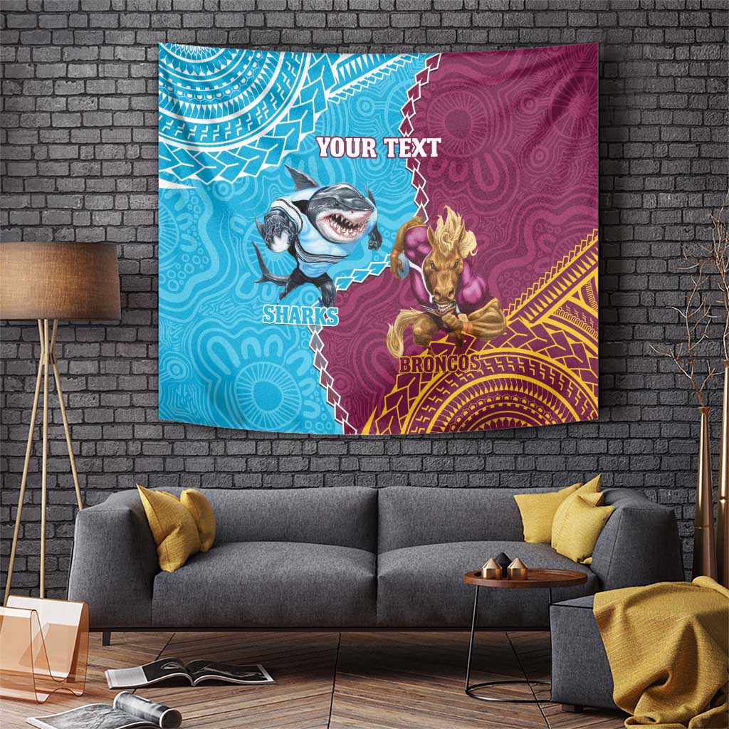 Personalised Sharks And Broncos Rugby Tapestry Aboriginal Mix Polynesian Pattern - Vibe Hoodie Shop