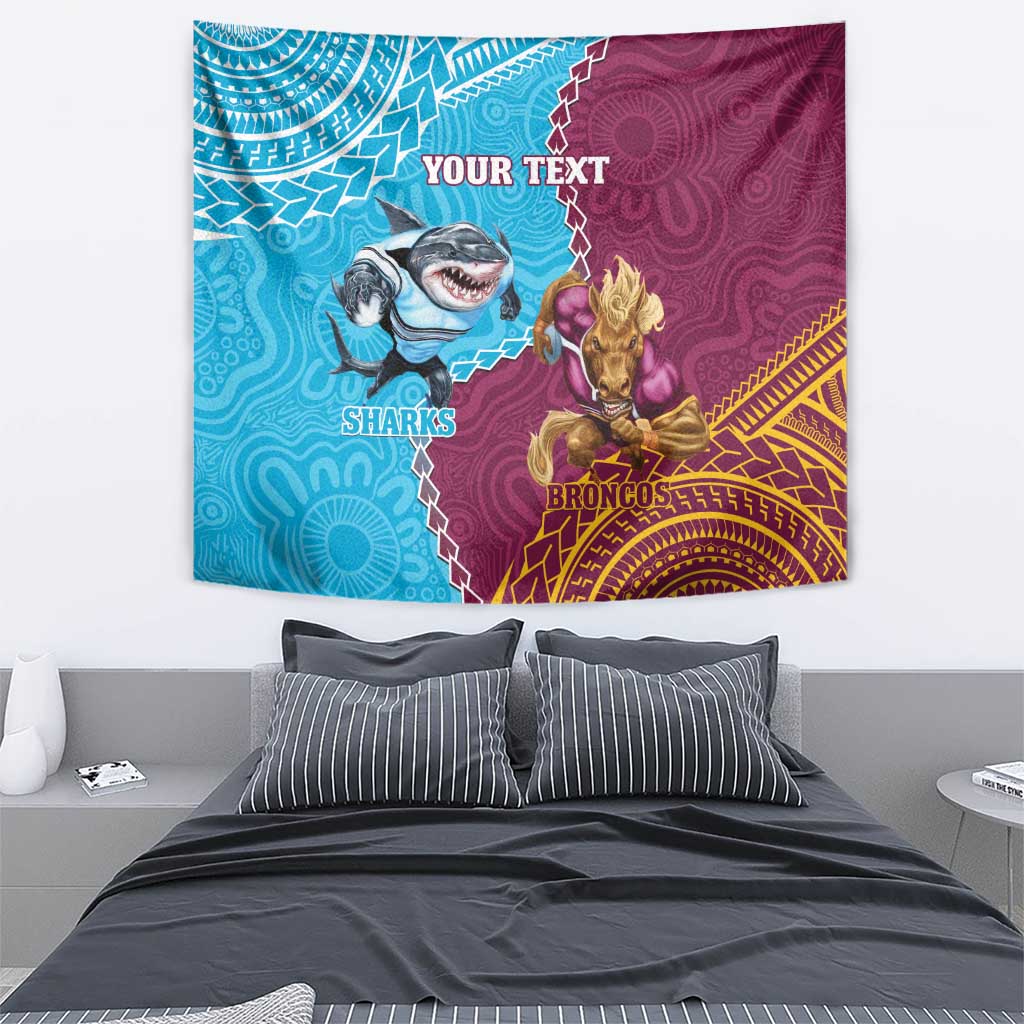 Personalised Sharks And Broncos Rugby Tapestry Aboriginal Mix Polynesian Pattern - Vibe Hoodie Shop