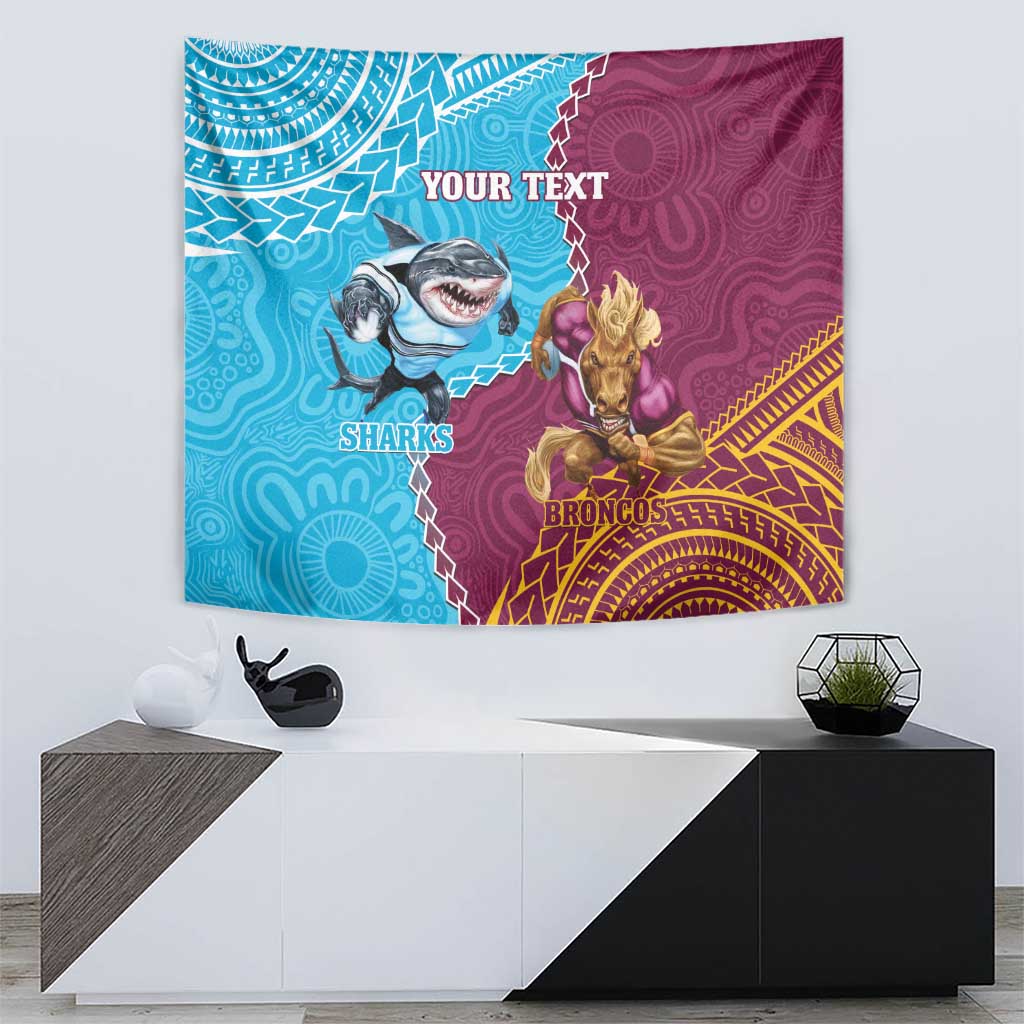 Personalised Sharks And Broncos Rugby Tapestry Aboriginal Mix Polynesian Pattern - Vibe Hoodie Shop