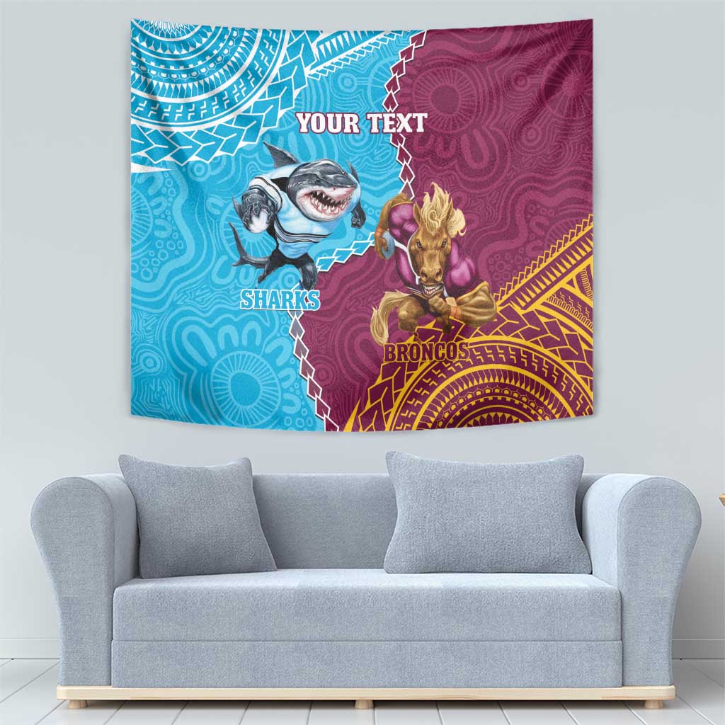 Personalised Sharks And Broncos Rugby Tapestry Aboriginal Mix Polynesian Pattern - Vibe Hoodie Shop