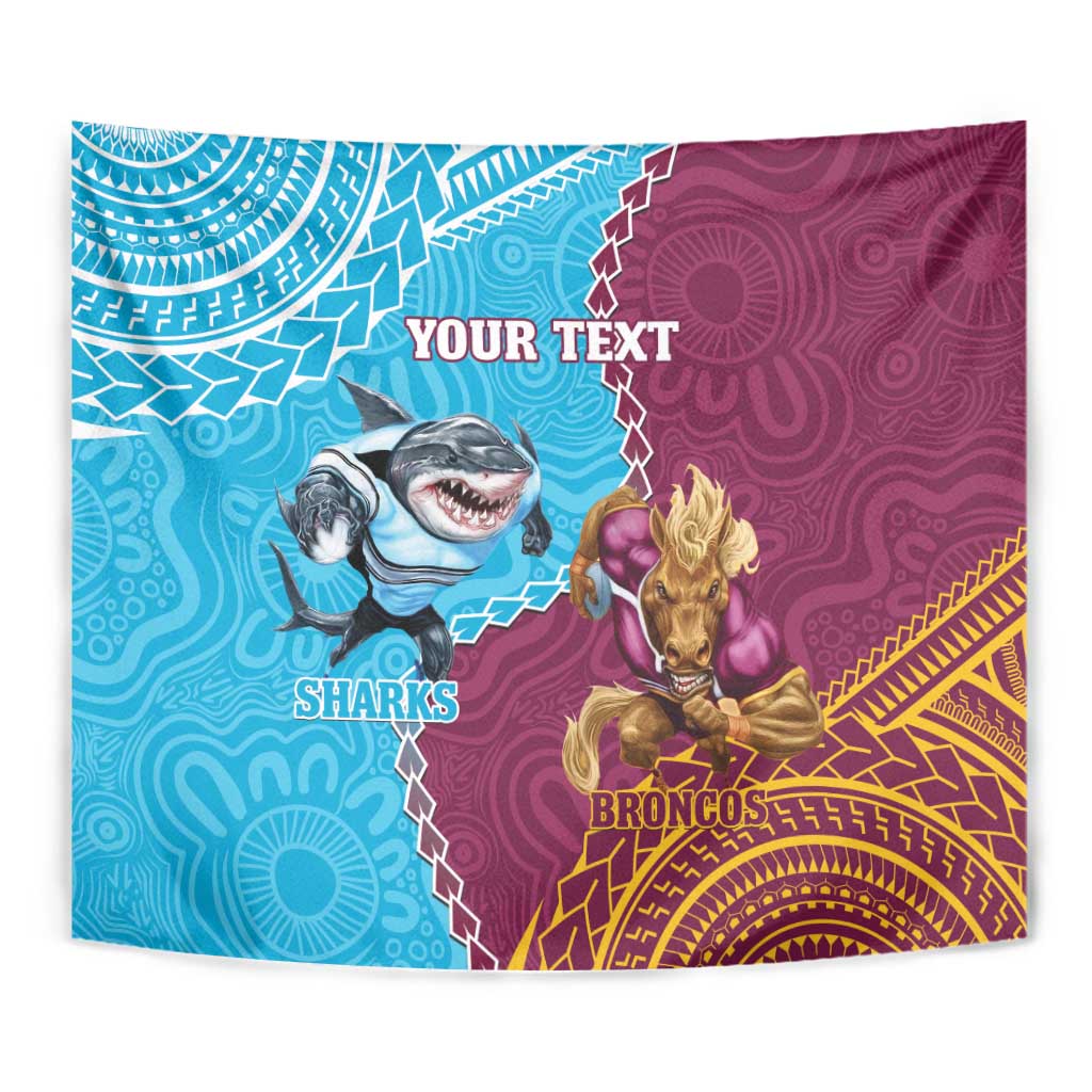 Personalised Sharks And Broncos Rugby Tapestry Aboriginal Mix Polynesian Pattern - Vibe Hoodie Shop