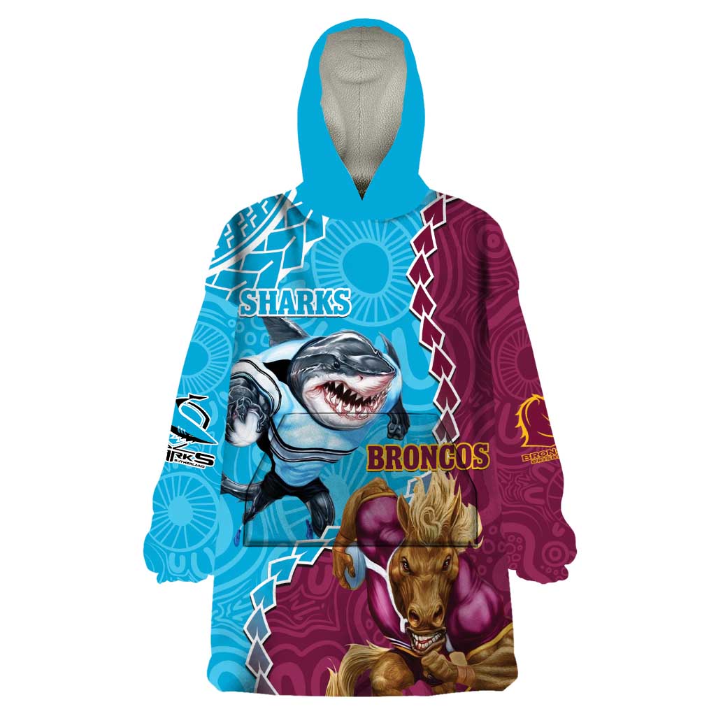 Personalised Sharks And Broncos Rugby Wearable Blanket Hoodie Aboriginal Mix Polynesian Pattern - Vibe Hoodie Shop