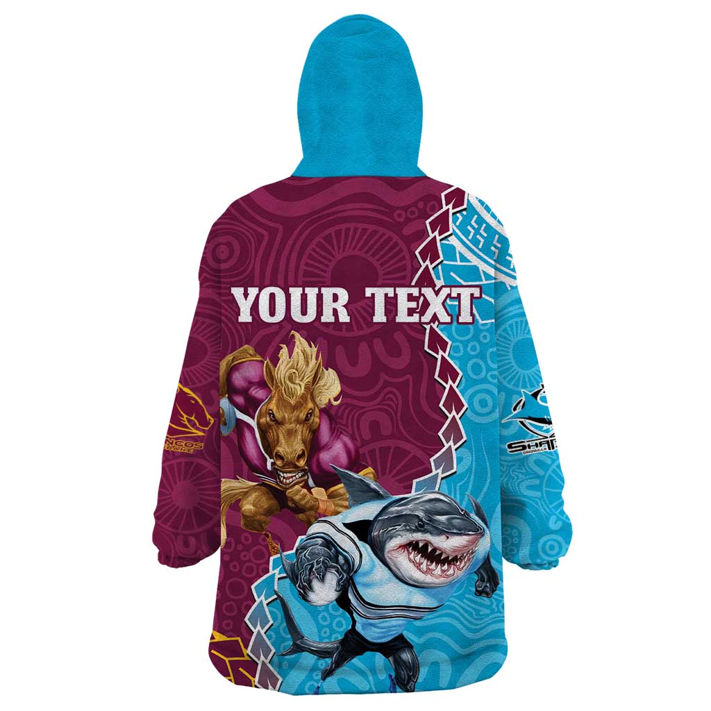 Personalised Sharks And Broncos Rugby Wearable Blanket Hoodie Aboriginal Mix Polynesian Pattern - Vibe Hoodie Shop