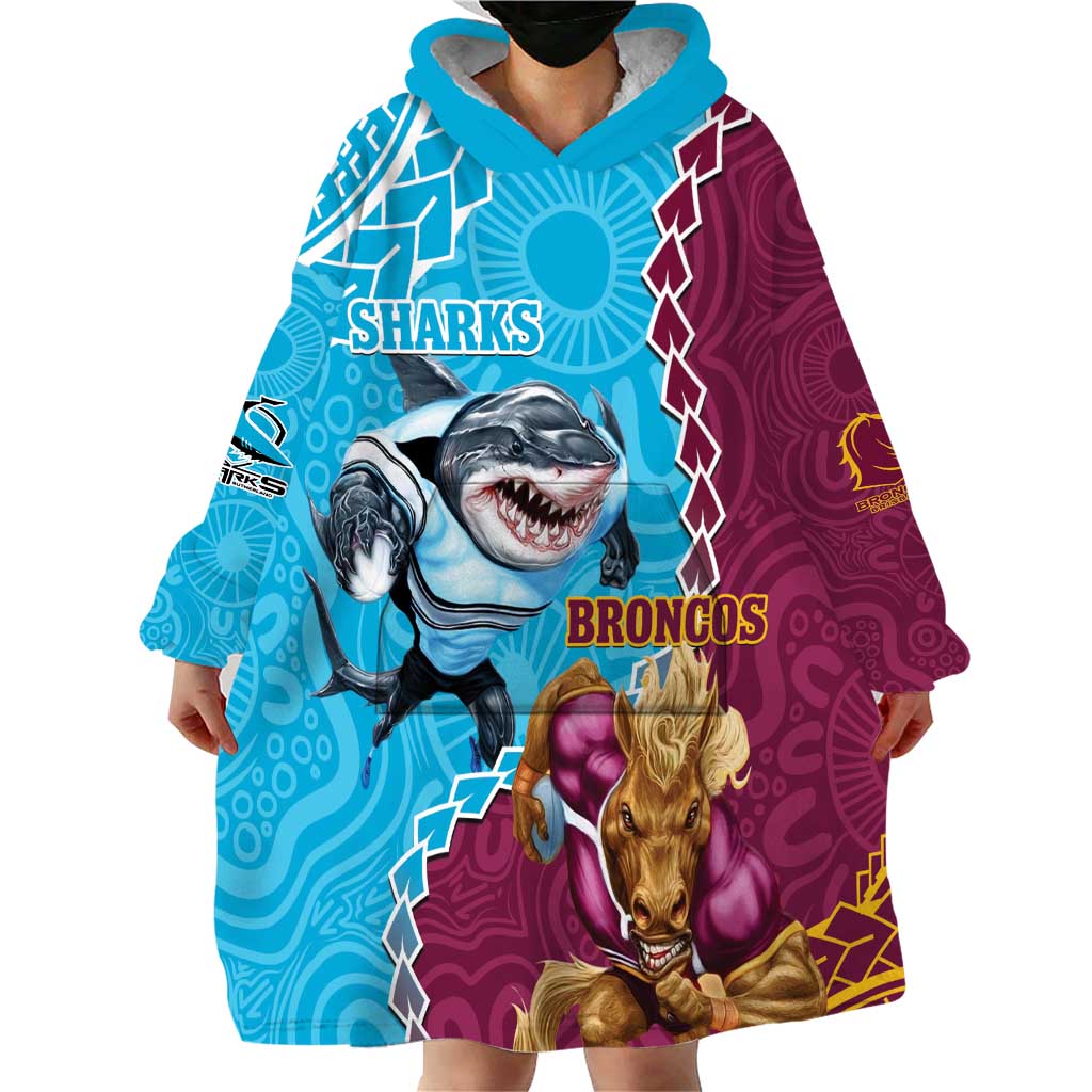 Personalised Sharks And Broncos Rugby Wearable Blanket Hoodie Aboriginal Mix Polynesian Pattern - Vibe Hoodie Shop