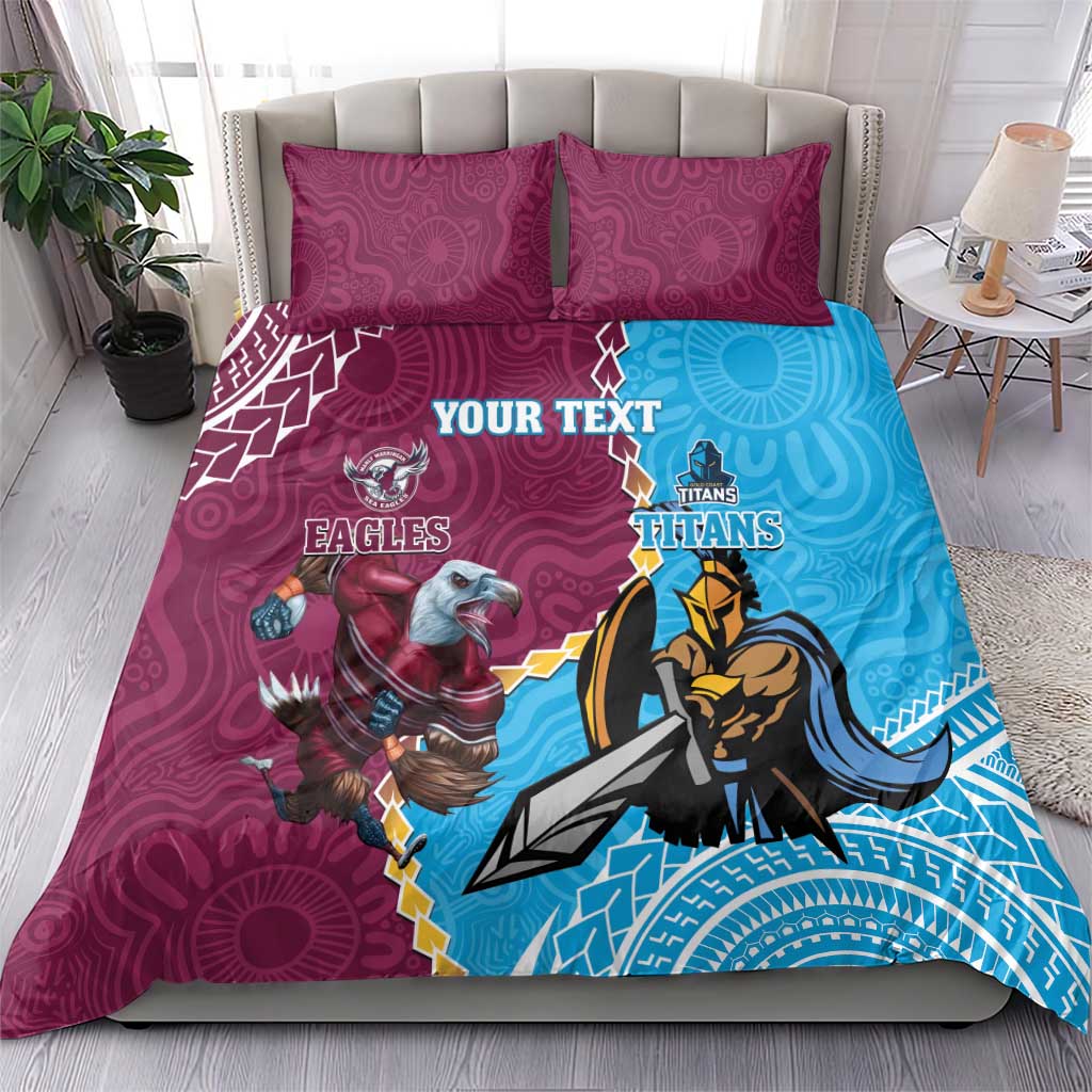 Personalised Eagles And Titans Rugby Bedding Set Aboriginal Mix Polynesian Pattern - Vibe Hoodie Shop