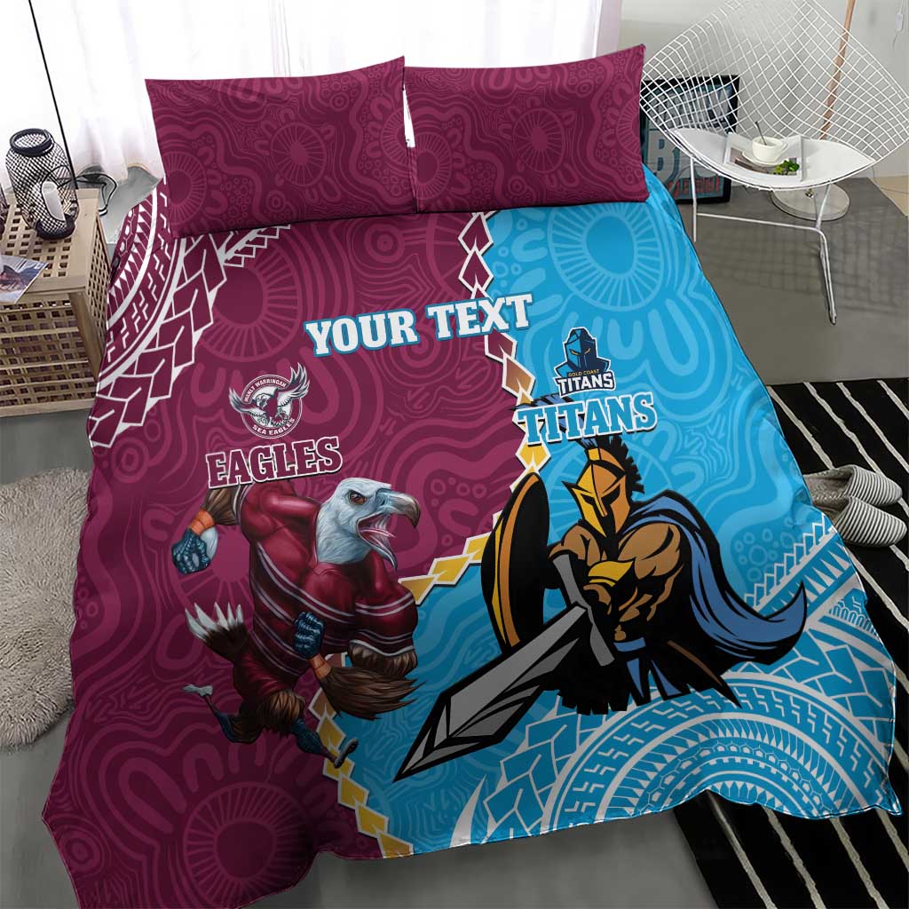 Personalised Eagles And Titans Rugby Bedding Set Aboriginal Mix Polynesian Pattern - Vibe Hoodie Shop