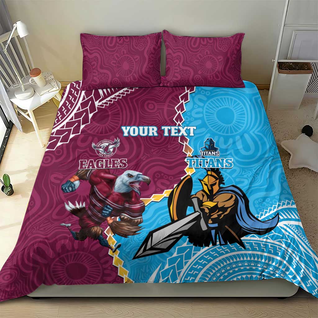 Personalised Eagles And Titans Rugby Bedding Set Aboriginal Mix Polynesian Pattern - Vibe Hoodie Shop