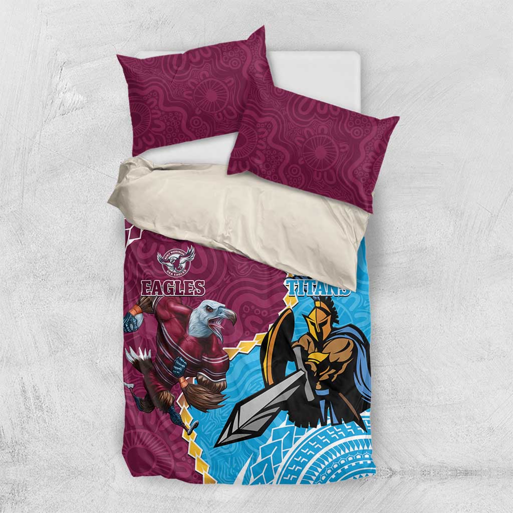 Personalised Eagles And Titans Rugby Bedding Set Aboriginal Mix Polynesian Pattern - Vibe Hoodie Shop