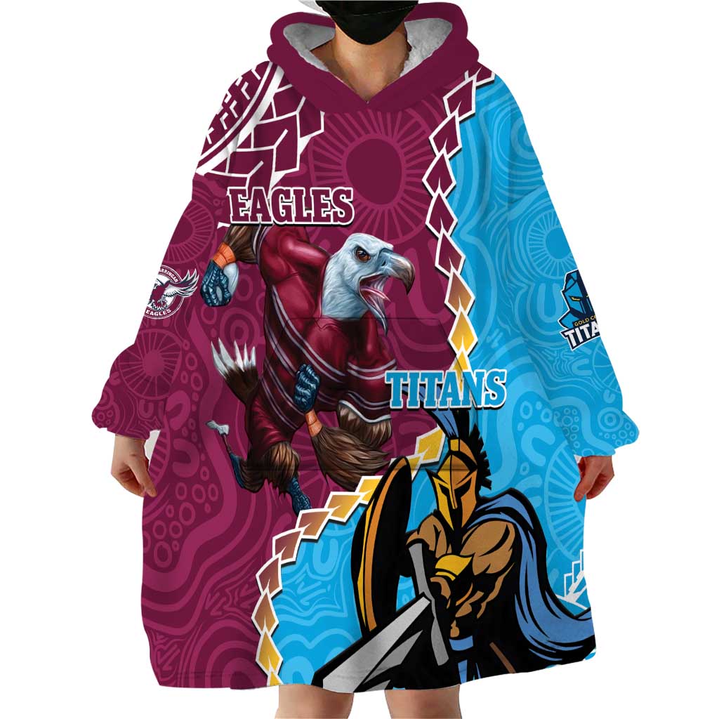 Personalised Eagles And Titans Rugby Wearable Blanket Hoodie Aboriginal Mix Polynesian Pattern - Vibe Hoodie Shop