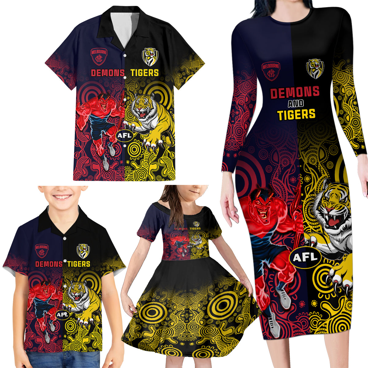 custom-demons-and-tigers-football-family-matching-long-sleeve-bodycon-dress-and-hawaiian-shirt-2023-together-indigenous-art