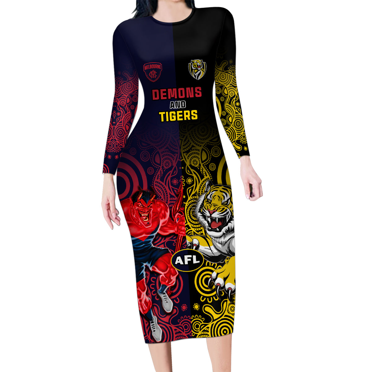 custom-demons-and-tigers-football-family-matching-long-sleeve-bodycon-dress-and-hawaiian-shirt-2023-together-indigenous-art